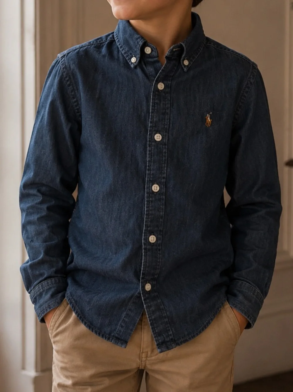 Ralph Lauren Flesh Pony Chambray Denim Button-Down 100% Cotton Shirt Preppy
